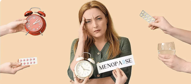 Woman surrounded by menopause symbols, treatment Annapolis md