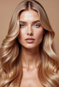 Close-up portrait of blonde woman with blue eyes
