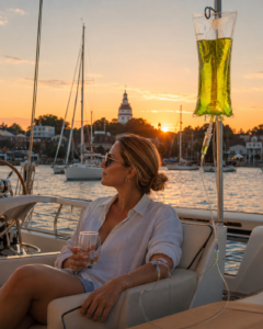 Woman on yacht at sunset with IV drip
