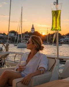 Woman on yacht at sunset with IV drip